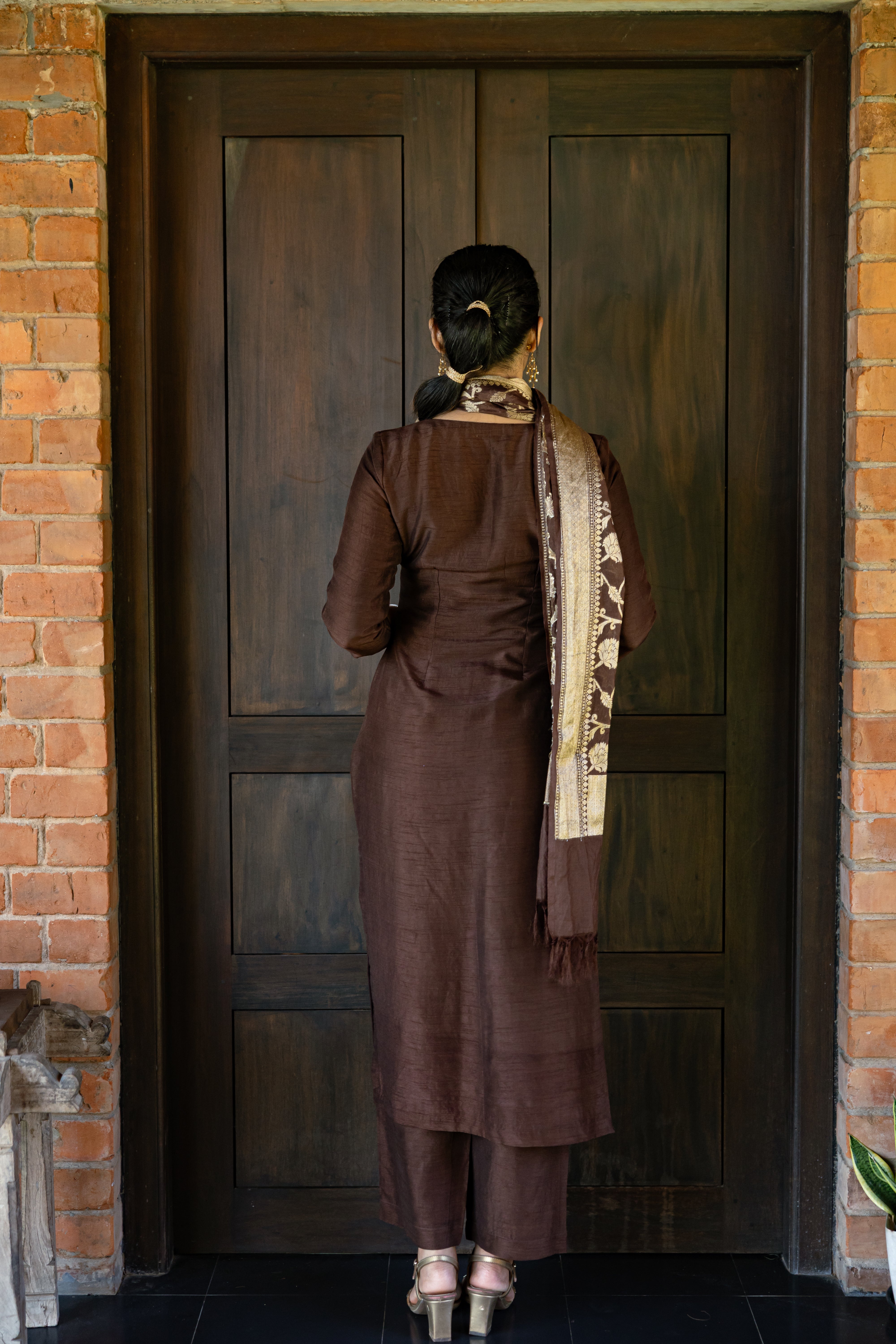 Coffee Brown Embroidered Silk Kurta